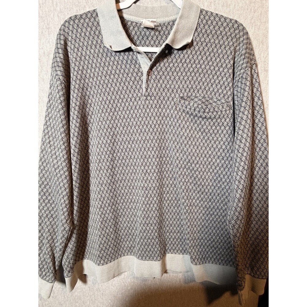 Haband Canal Joe Men's Long Sleeve Polo Shirt Gray Diamond Pattern Ribbed Cuffs
